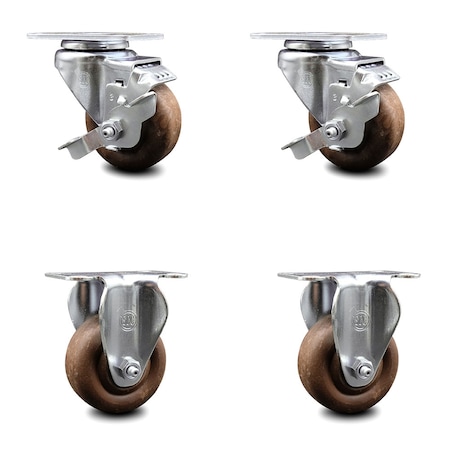 Service Caster 3.5 Inch High Temp Glass Filled Nylon Top Plate Caster Set with 2 Brakes 2 Rigid SCC-20S3514-GFNSHT-TLB-TP2-2-R-2